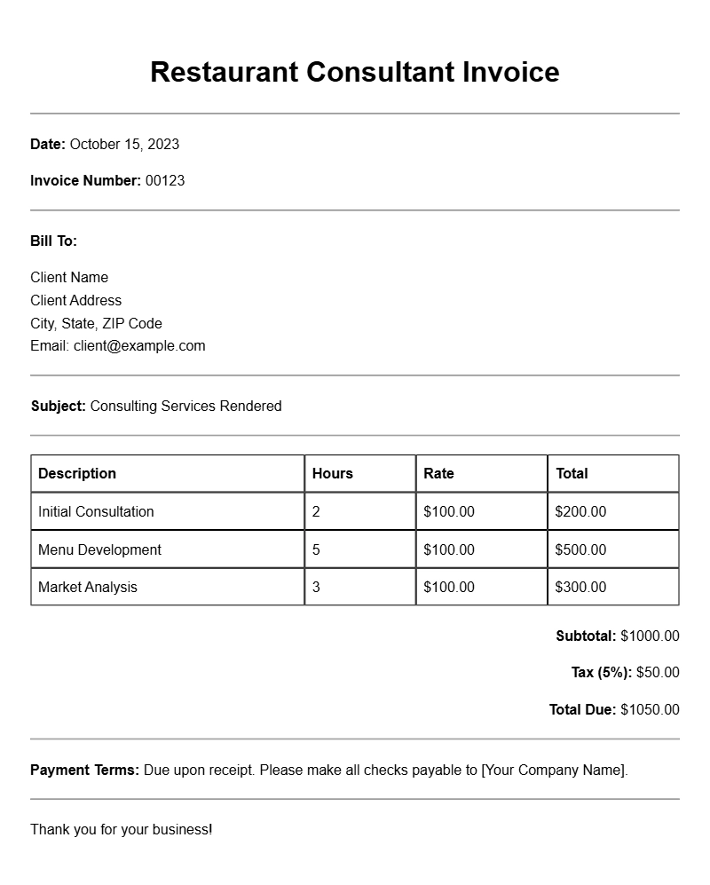 Restaurant Consultant Invoice Templates for Efficient Billing
