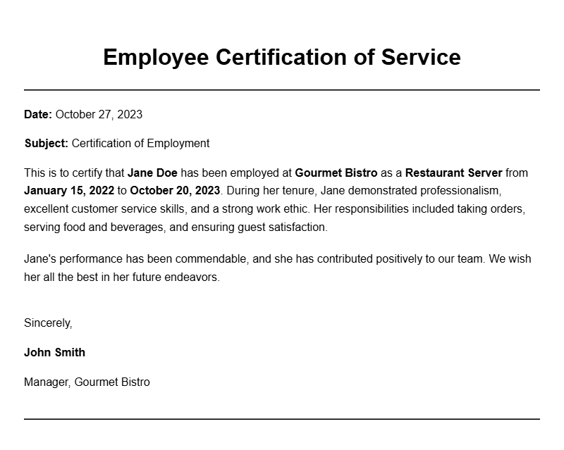Restaurant Employee Certificate Samples for Professional Recognition