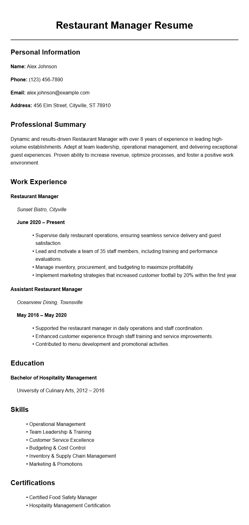 Restaurant Manager Resume Samples for a Strong Application