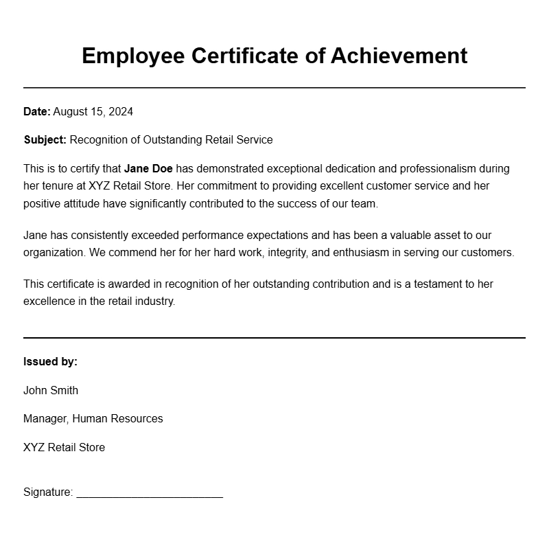 Retail Employee Certificate Samples for Professional Recognition