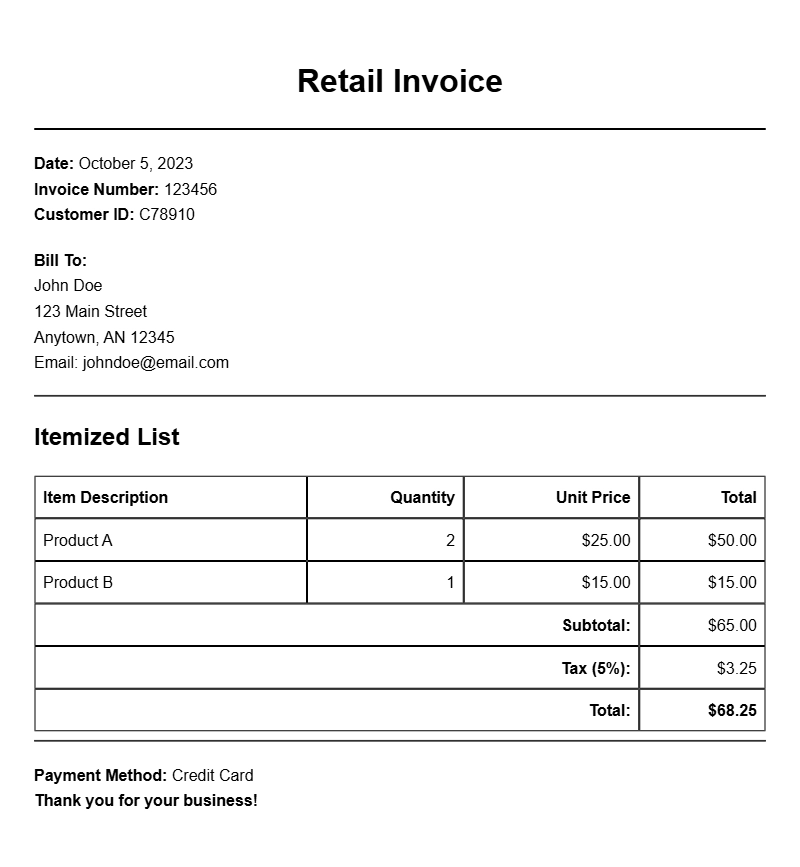 Retail Invoice Samples for Your Business Needs