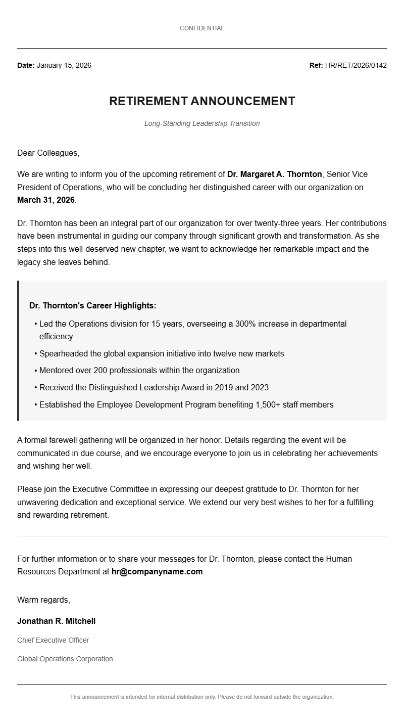 Sample Retirement Announcement Letters
