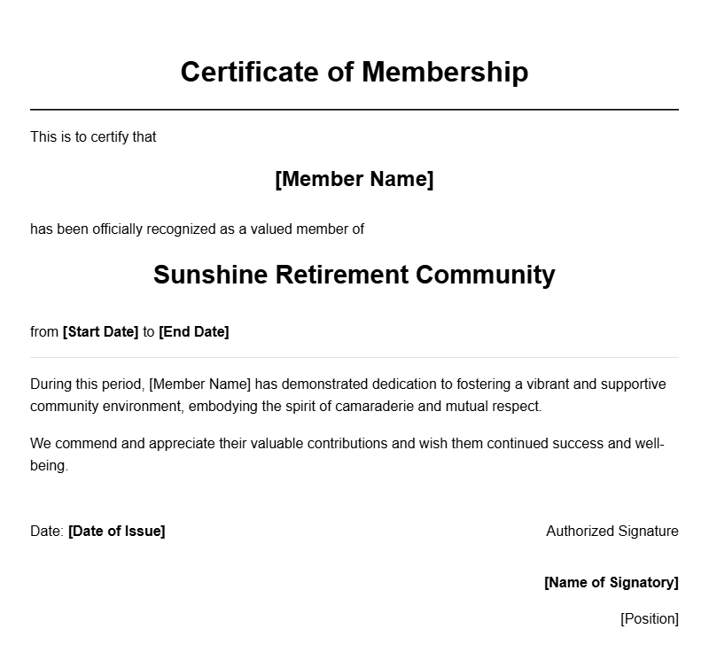 Sample Retirement Community Member Certificates for Recognition