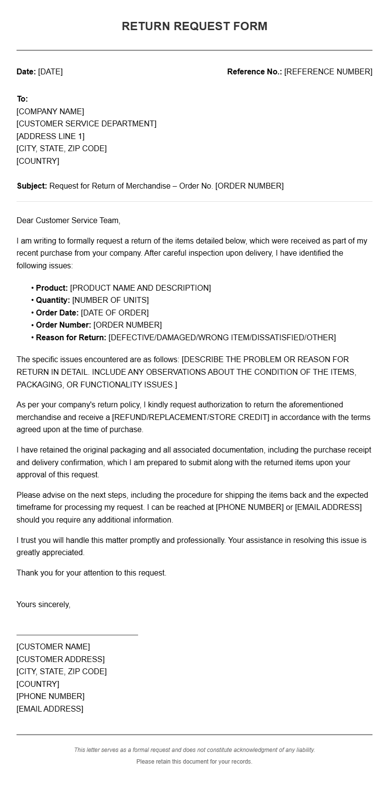Return Request Letter Templates