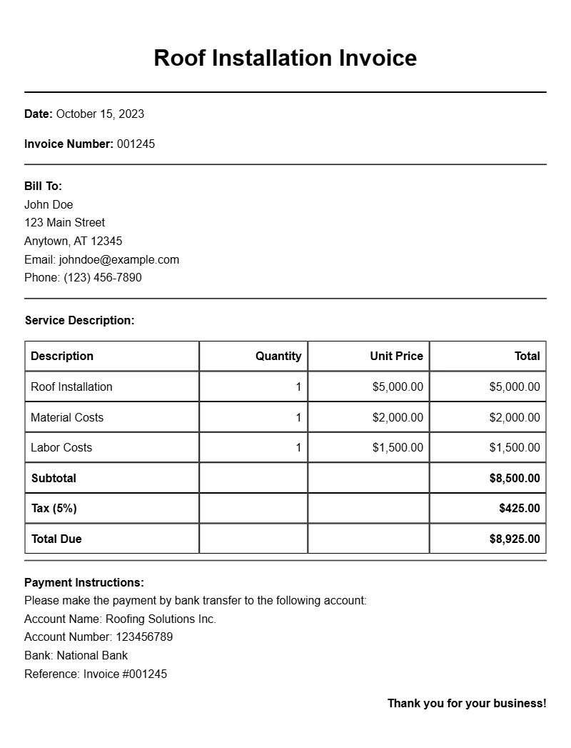 Roof Installation Invoice Samples for Your Business Needs