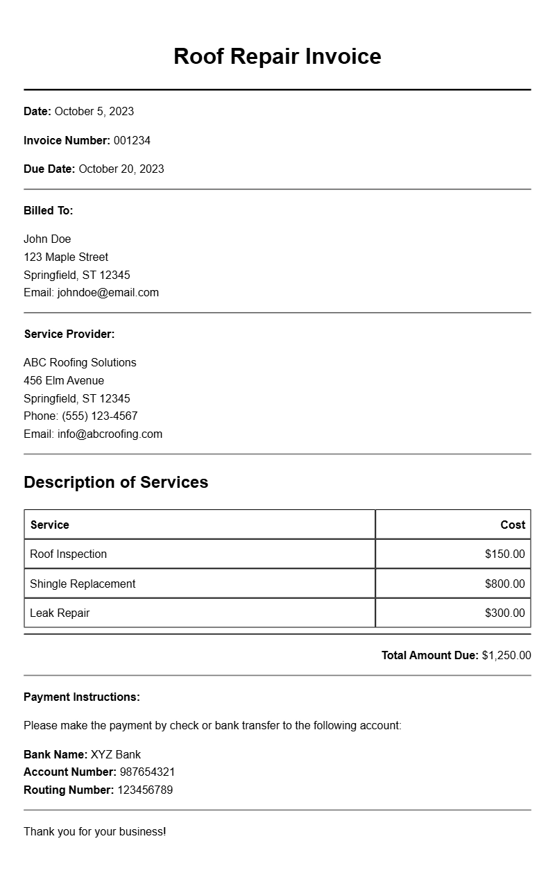 Roof Repair Invoice Samples for Your Business Needs
