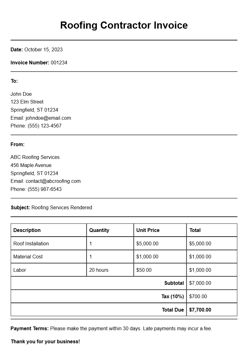 Roofing Contractor Invoice Samples for Your Business Needs
