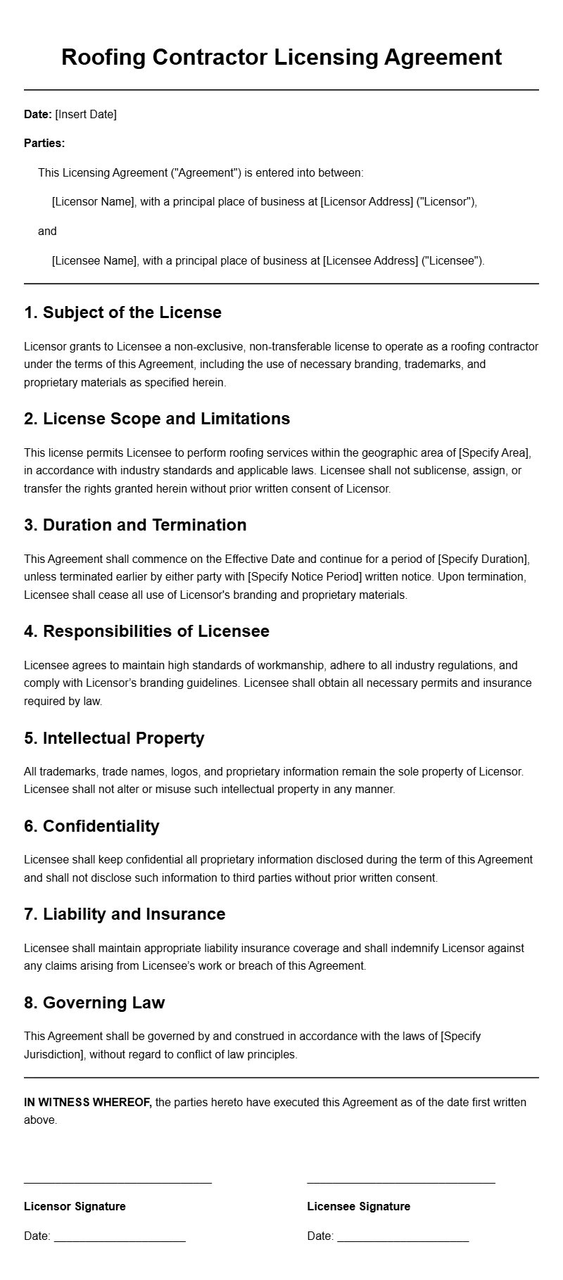 Roofing Contractor Licensing Agreement Templates