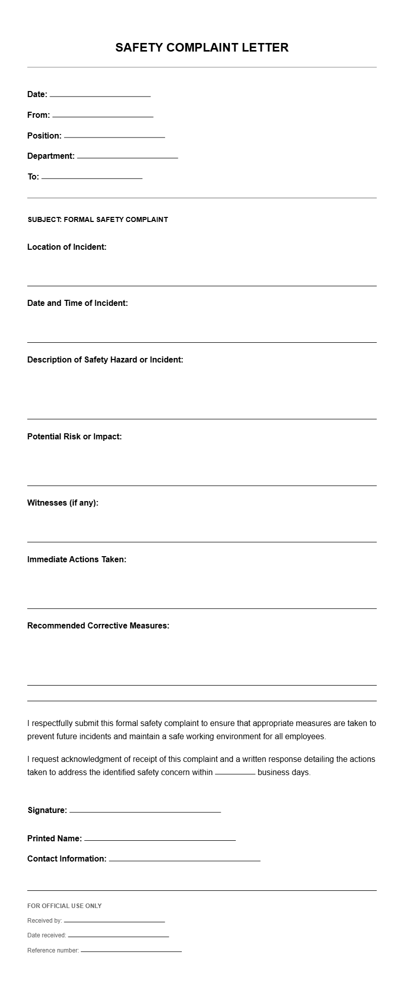 Safety Complaint Letter Templates