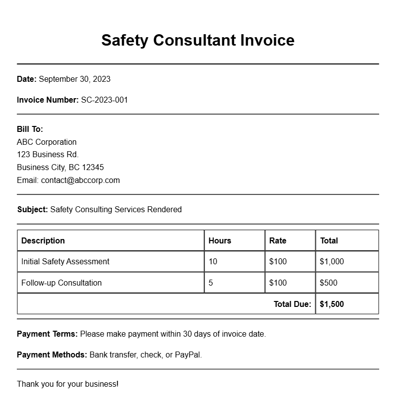 Safety Consultant Invoice Samples for Your Business Needs