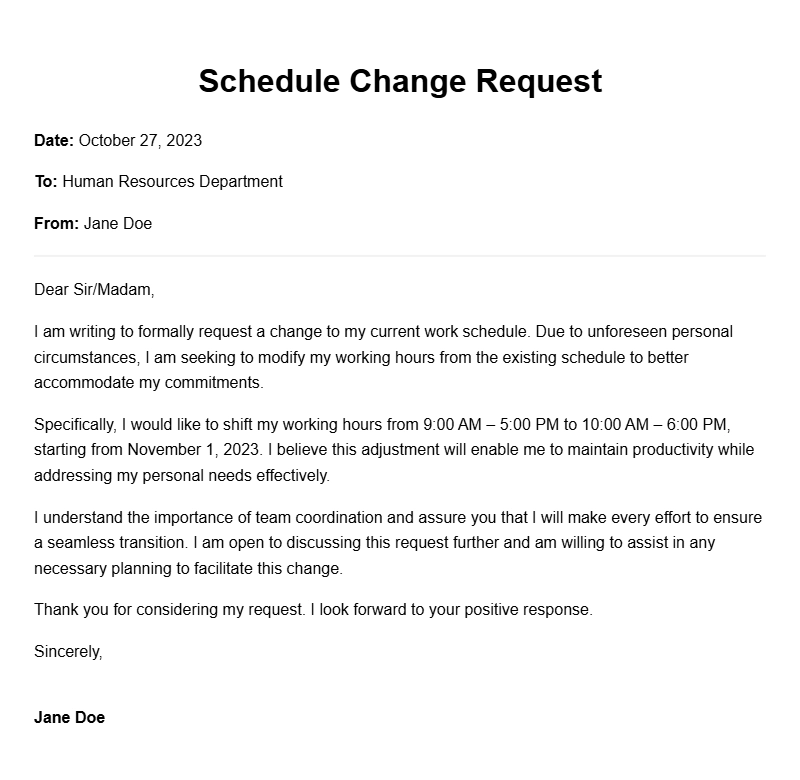 Sample Schedule Change Request Letters for Your Reference
