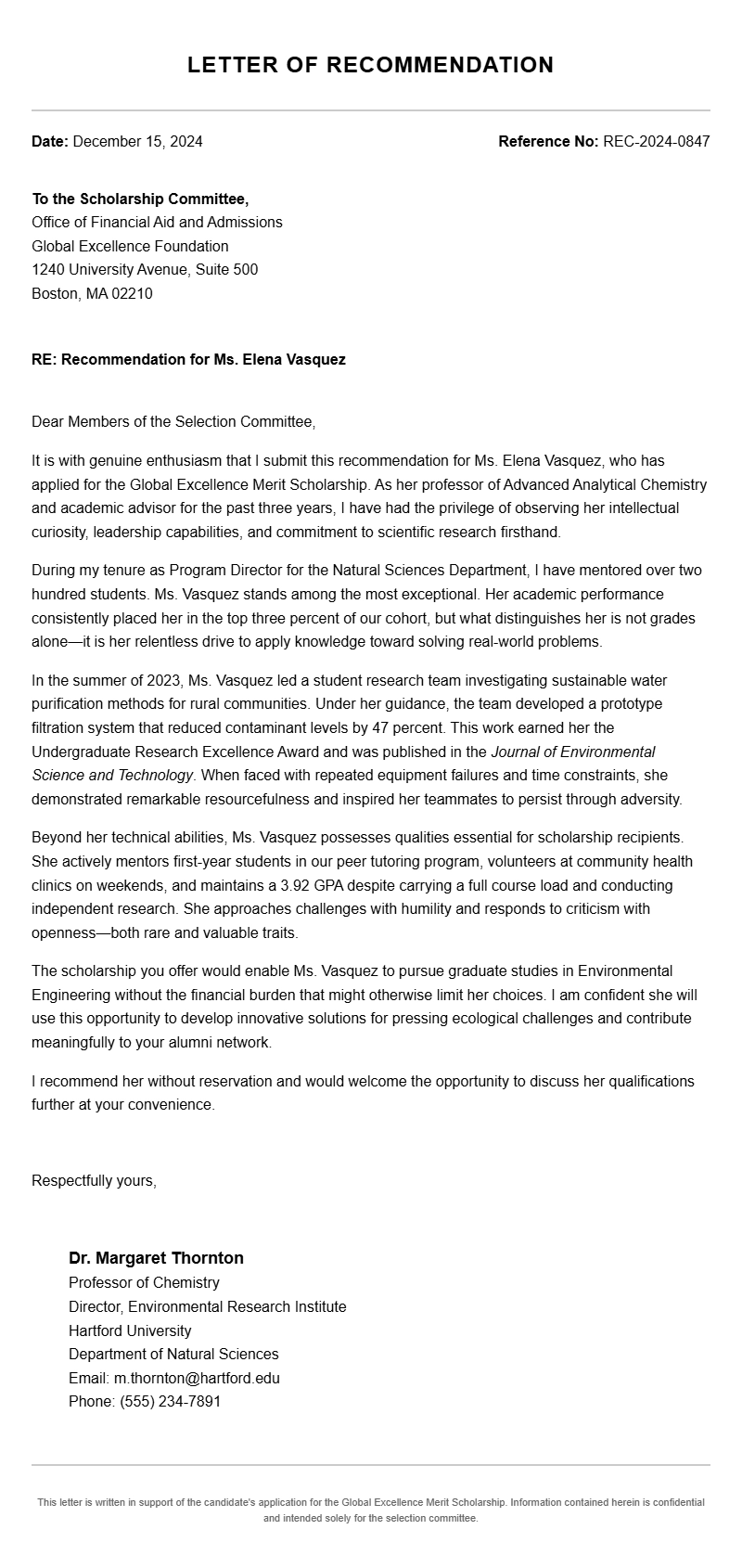 Sample Scholarship Recommendation Letters