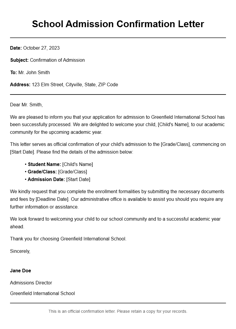 School Admission Confirmation Letter Samples and Tips
