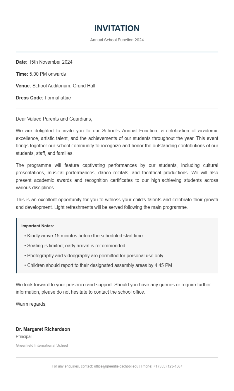 School Annual Function Invitation Letter Samples