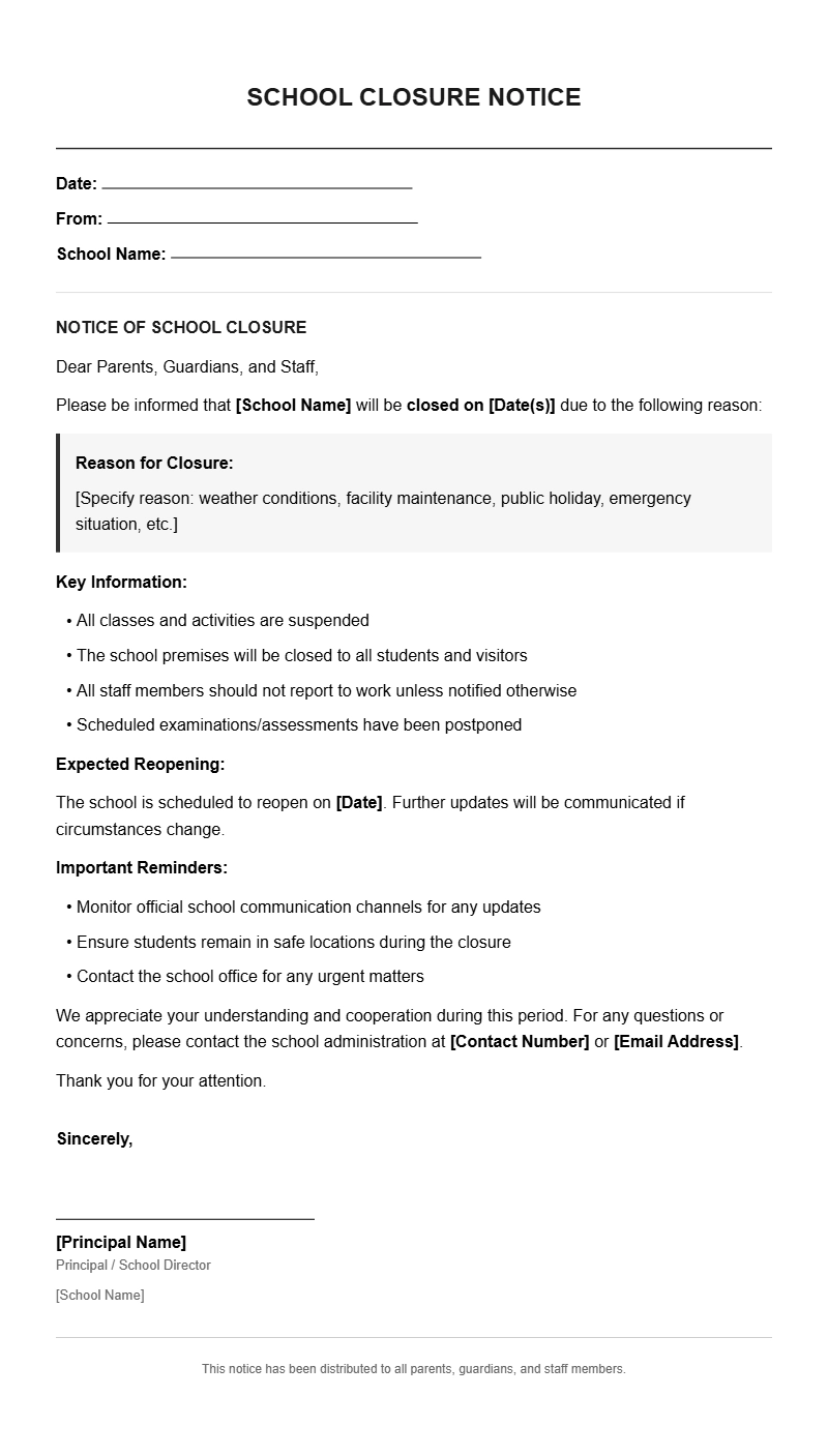 School Closure Notice Letter Templates School Closure Notice Letter Templates
