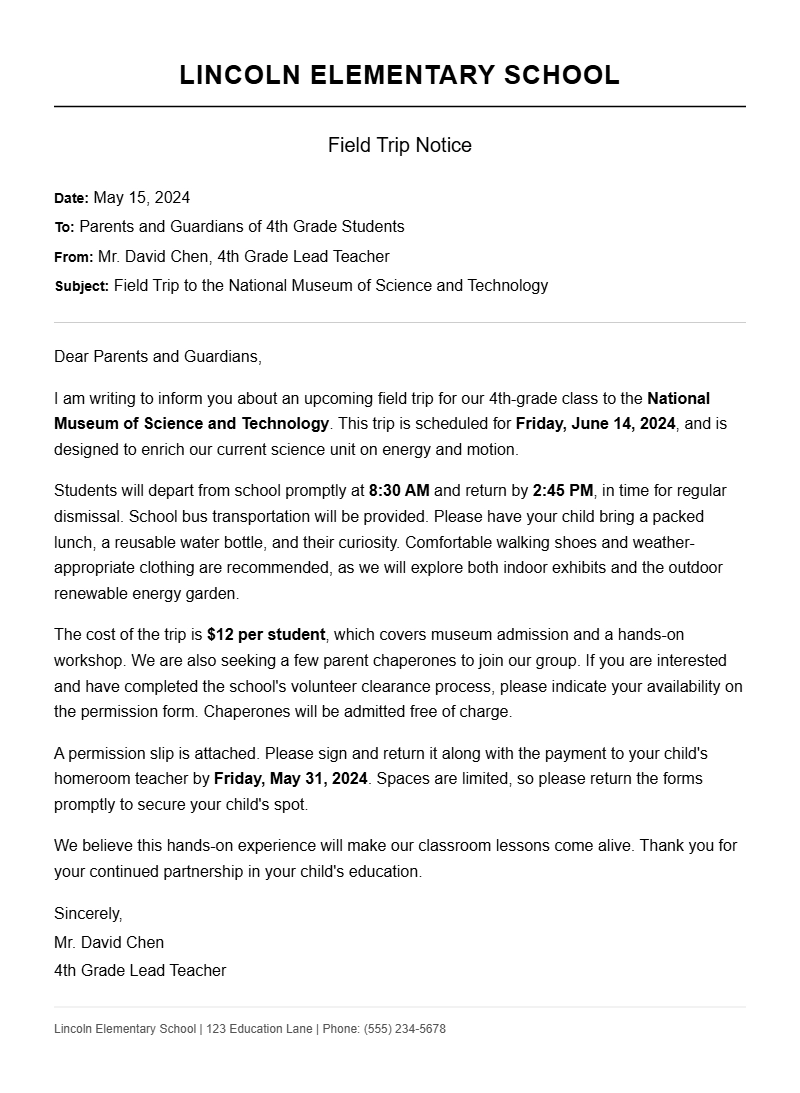 School Field Trip Notice Letter Samples