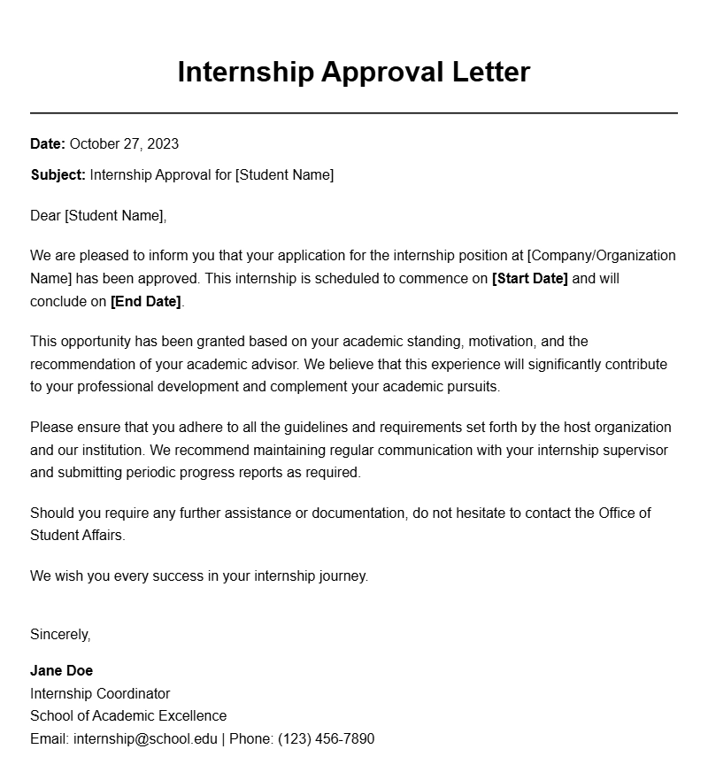 School Internship Approval Letter Samples for Students