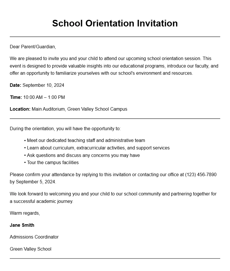 Sample School Orientation Invitation Letters for New Students