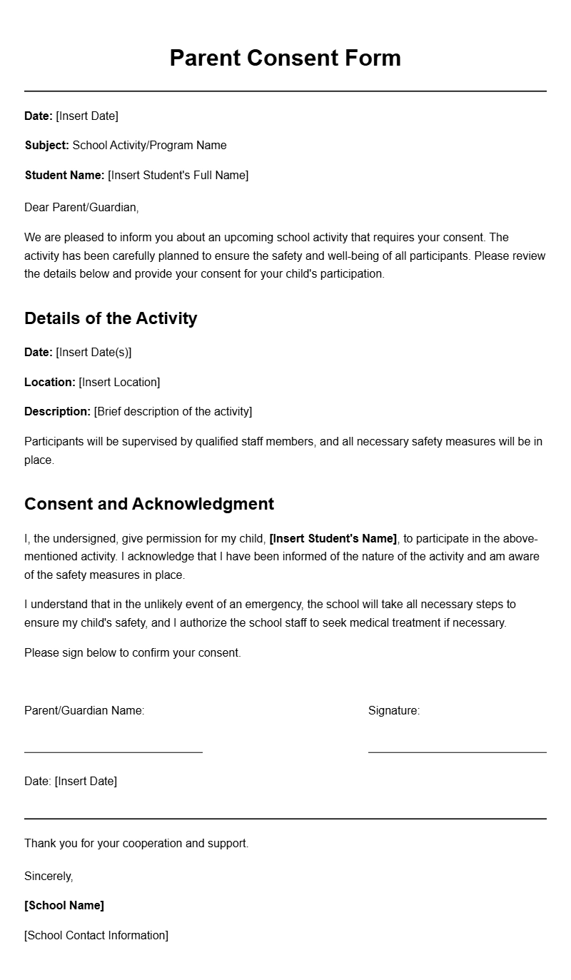 Helpful School Parent Consent Letter Templates
