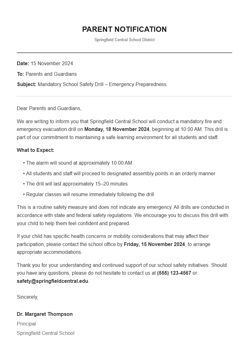 School Parent Notice Letter Templates