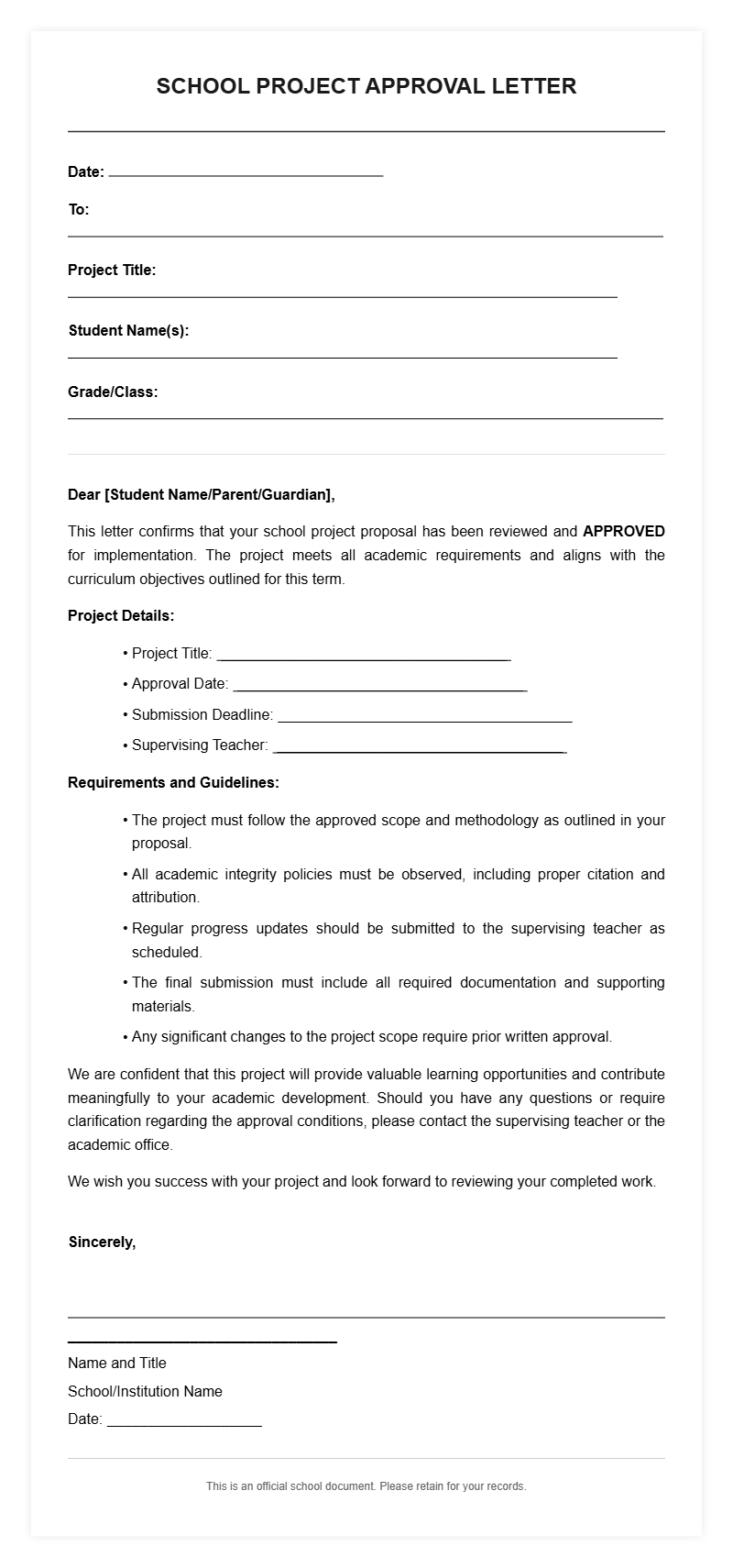 School Project Approval Letter Templates
