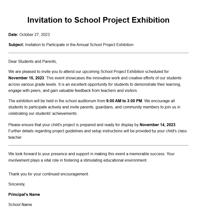 Free School Project Invitation Letter Templates for Students and Teachers