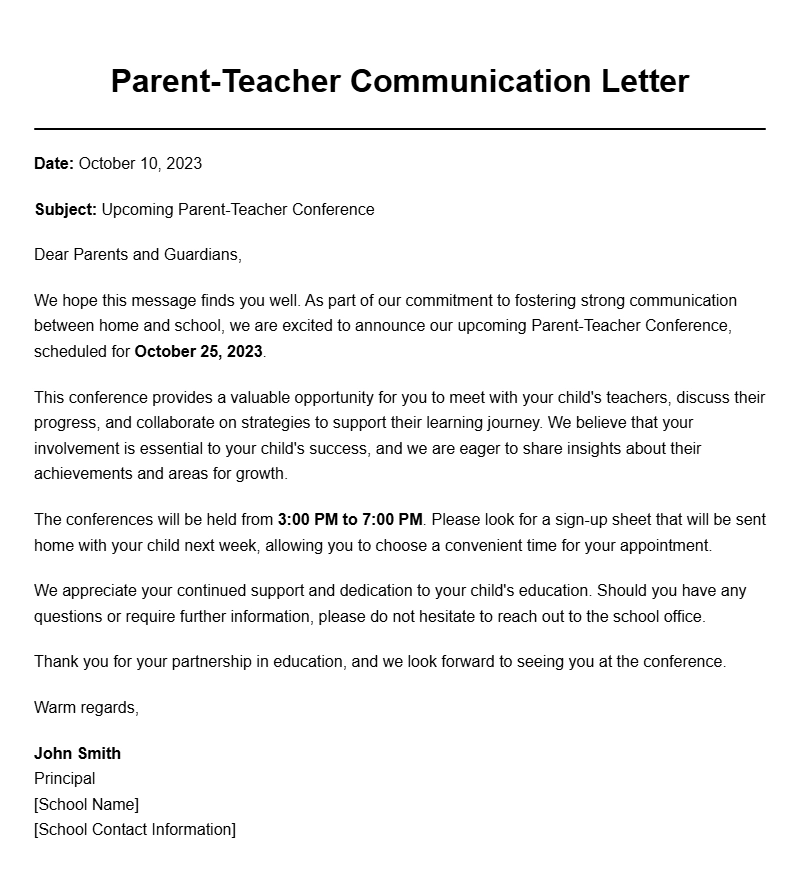 Examples of School to Parent Letter Samples