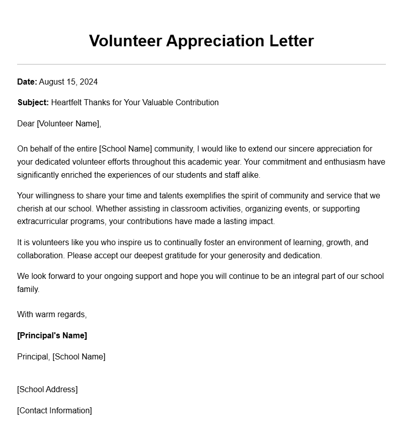 School Volunteer Appreciation Letter Samples