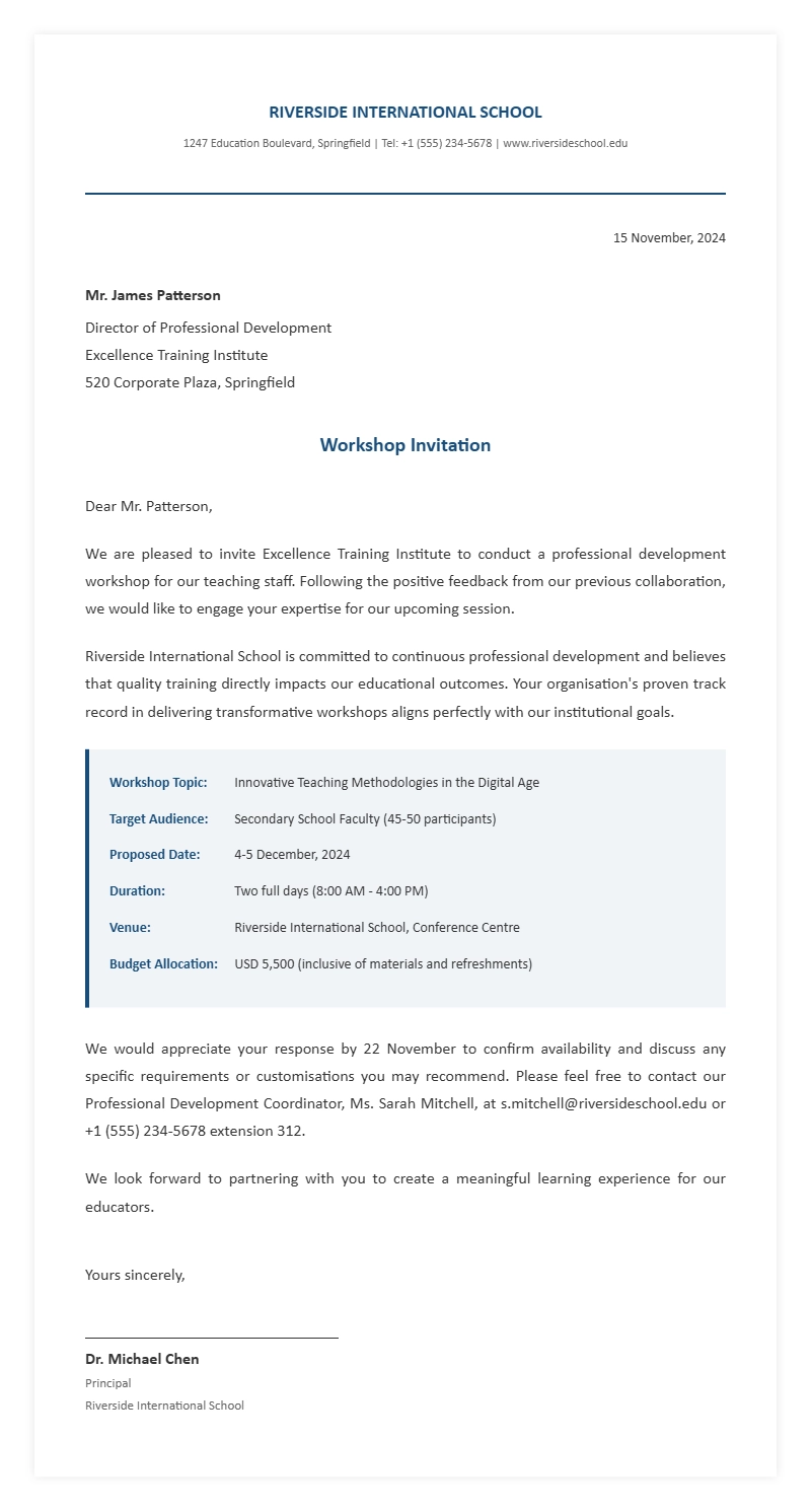 School Workshop Invitation Letter Samples