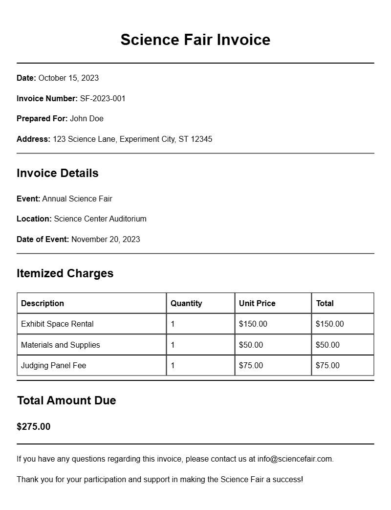 Science Fair Invoice Samples for Easy Reference
