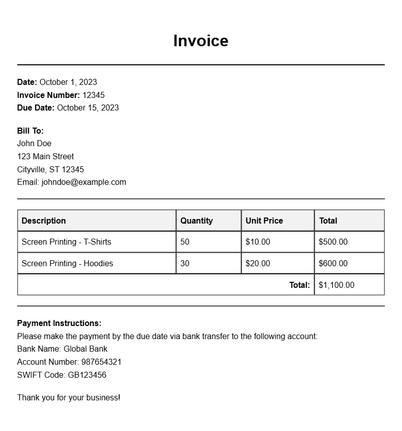 Screen Printer Invoice Samples for Your Business Needs