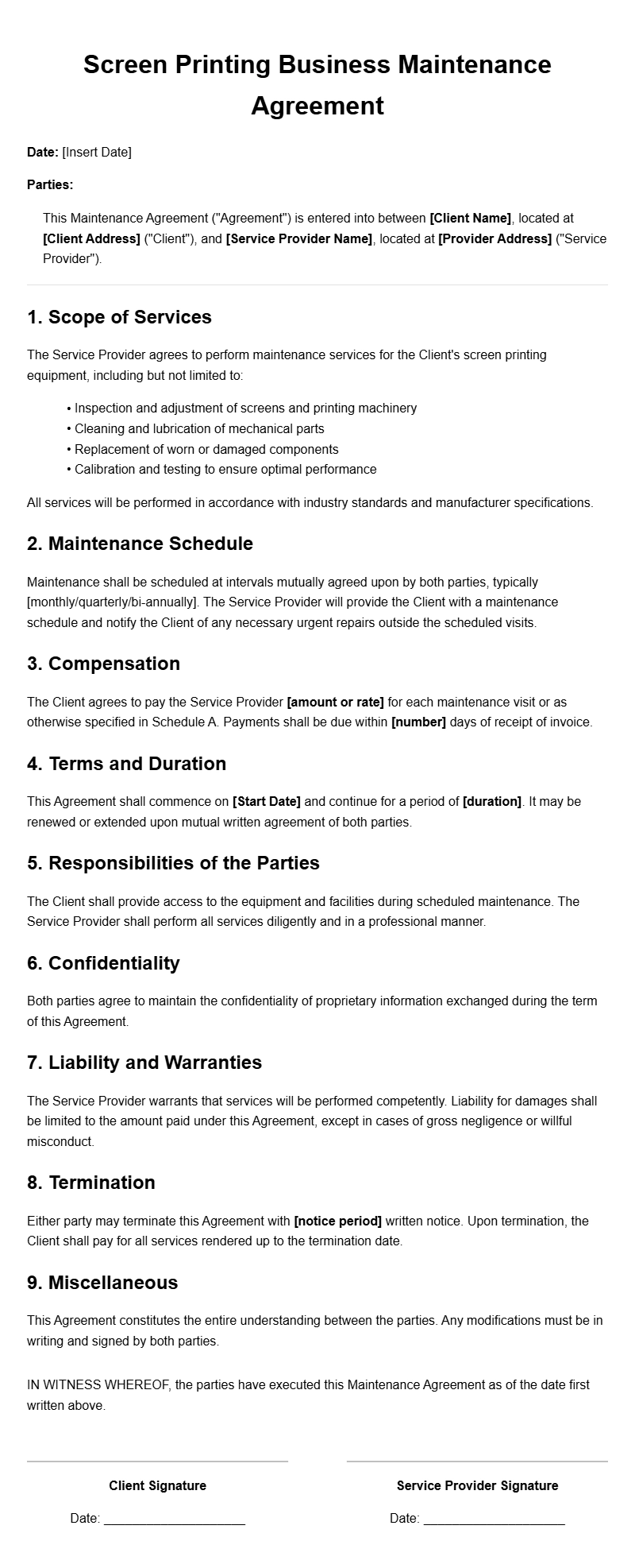 Screen Printing Business Maintenance Agreement Templates