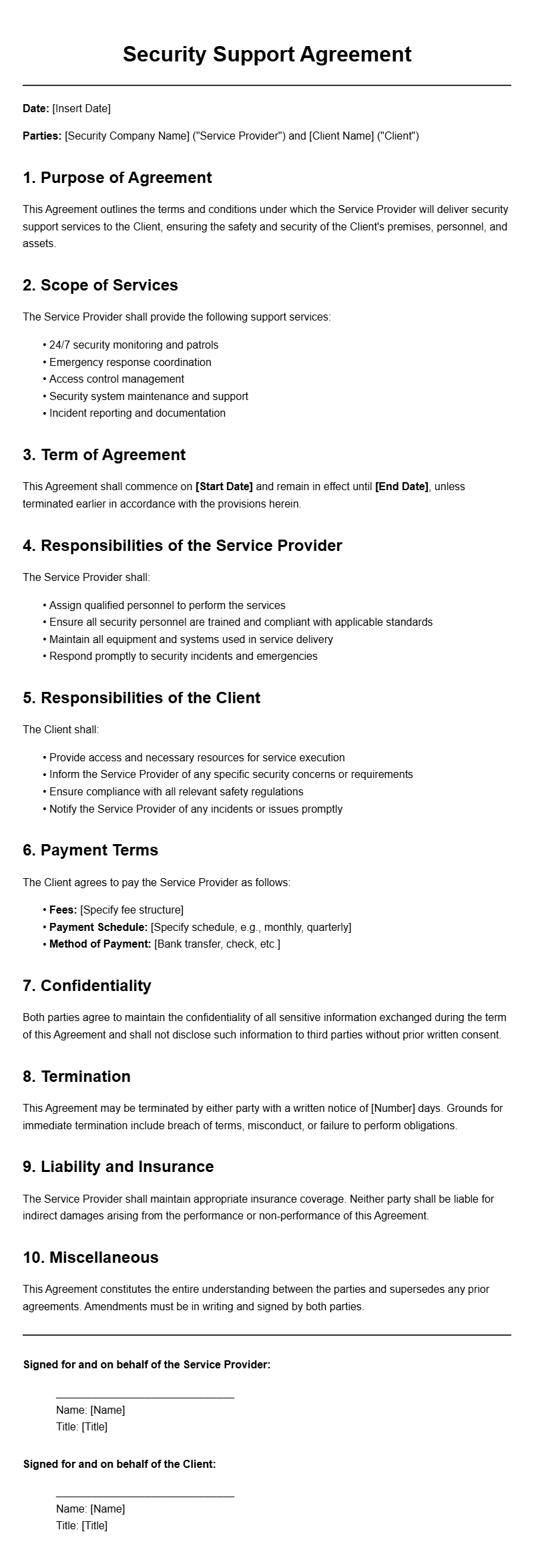 Security Company Support Agreement Templates for Your Business