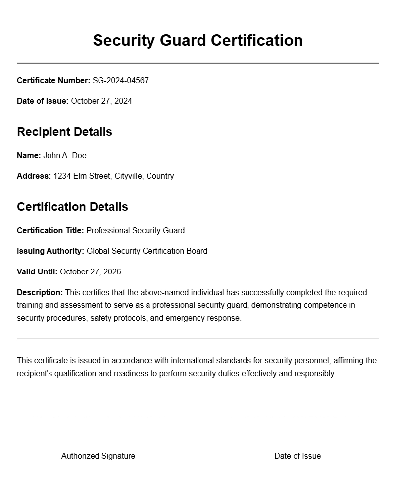 Security Guard Certificate Samples for Certification Success