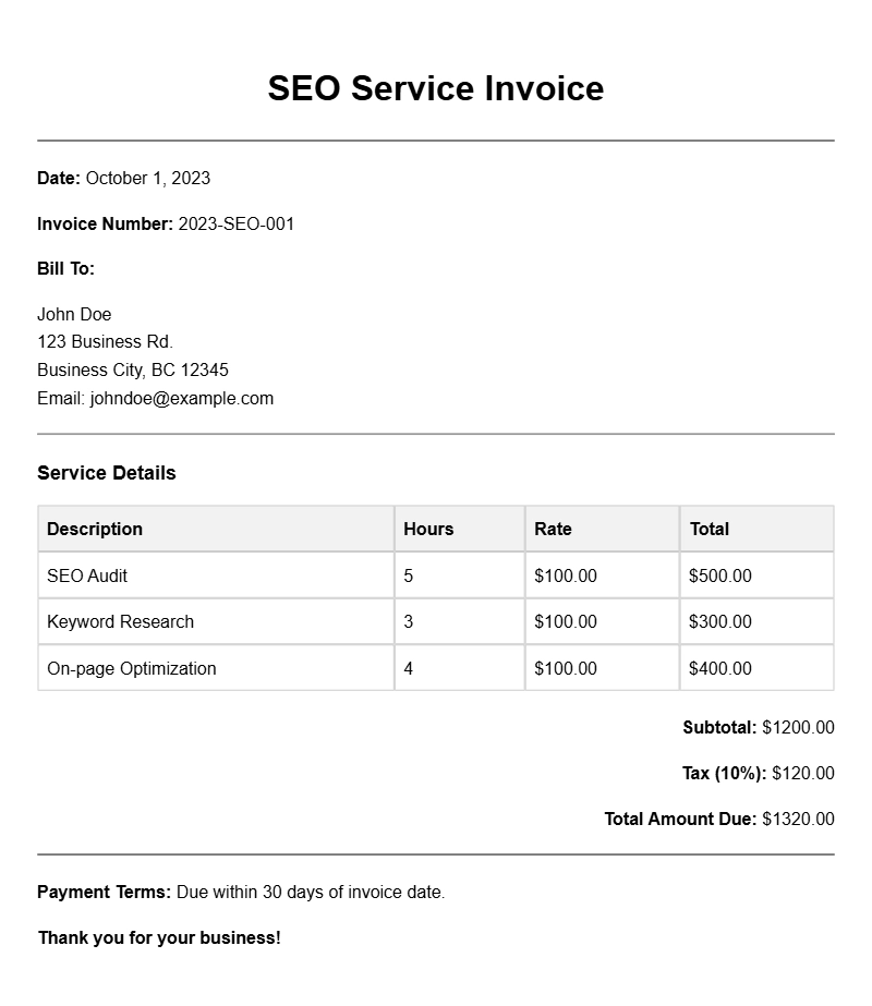 SEO Service Invoice Samples for Your Business Needs