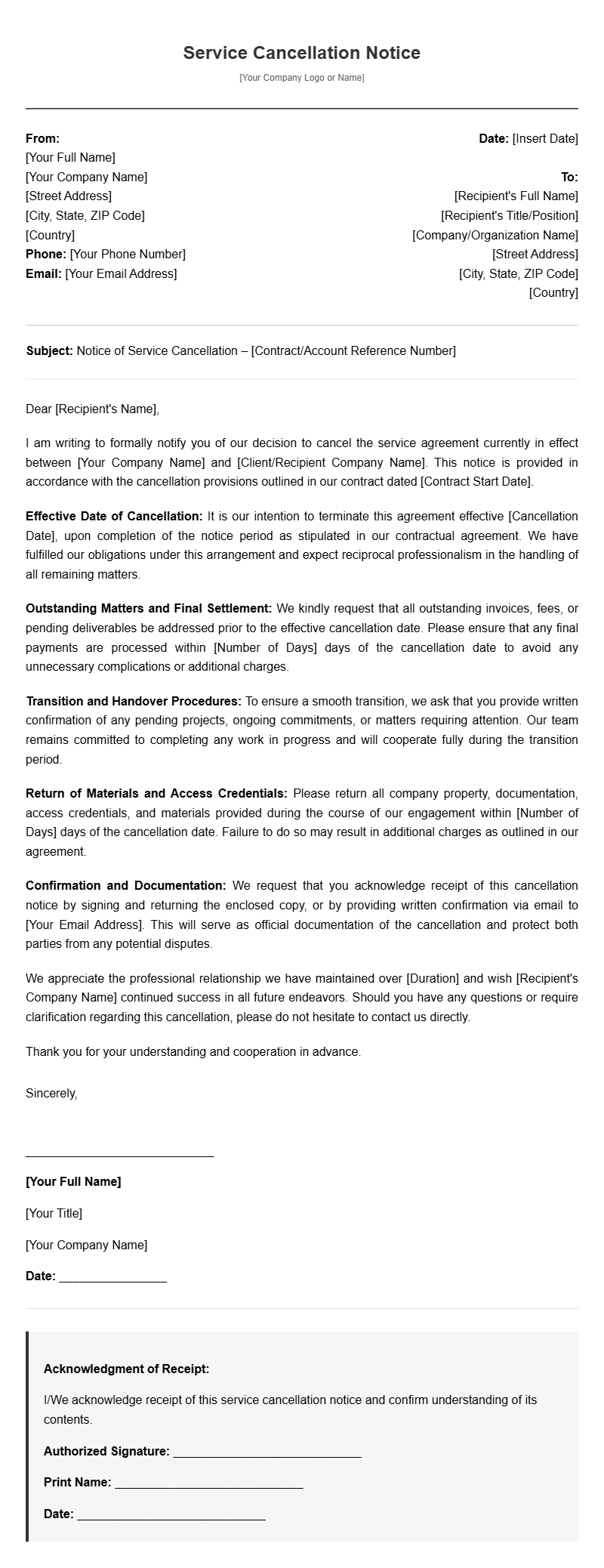 Service Cancellation Letter Templates - Free & Easy