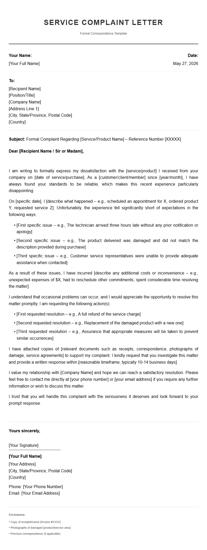 Service Complaint Letter Templates for Effective Complaints