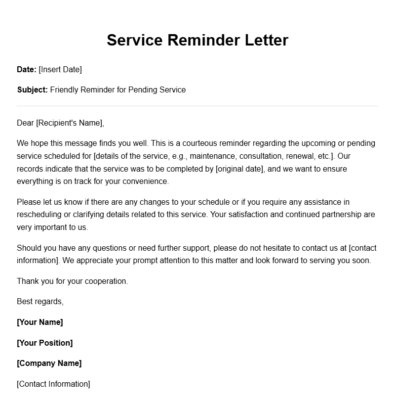 Effective Service Reminder Letter Samples for Various Needs