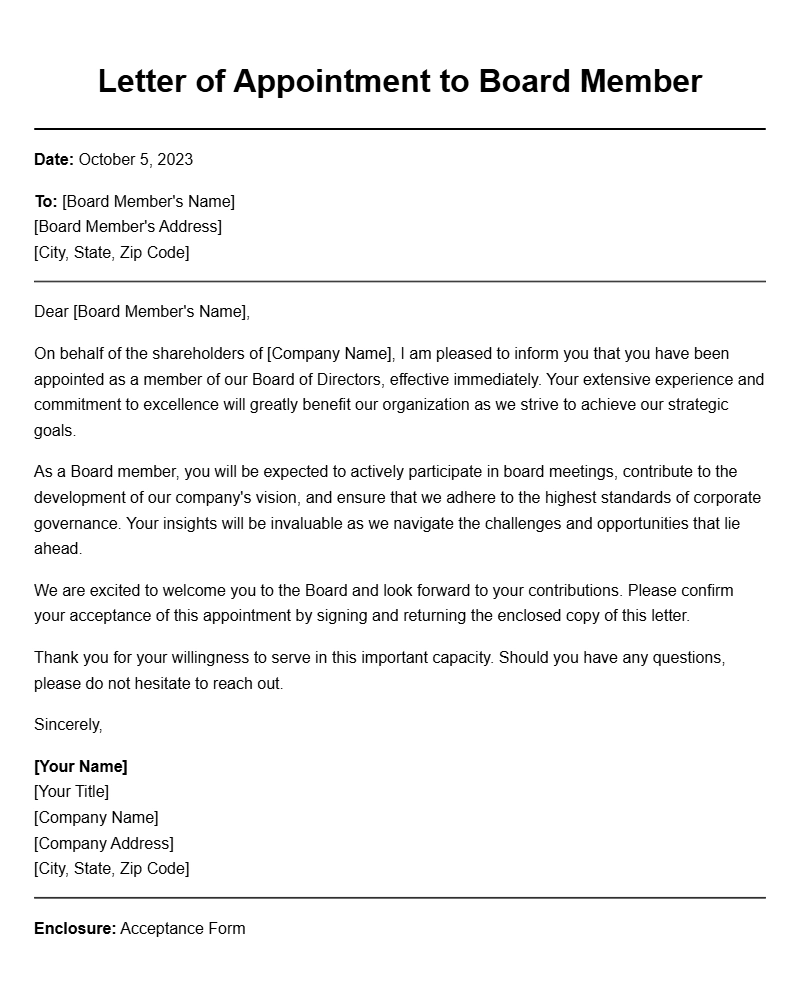 Shareholder to Board Member Letter Samples for Guidance