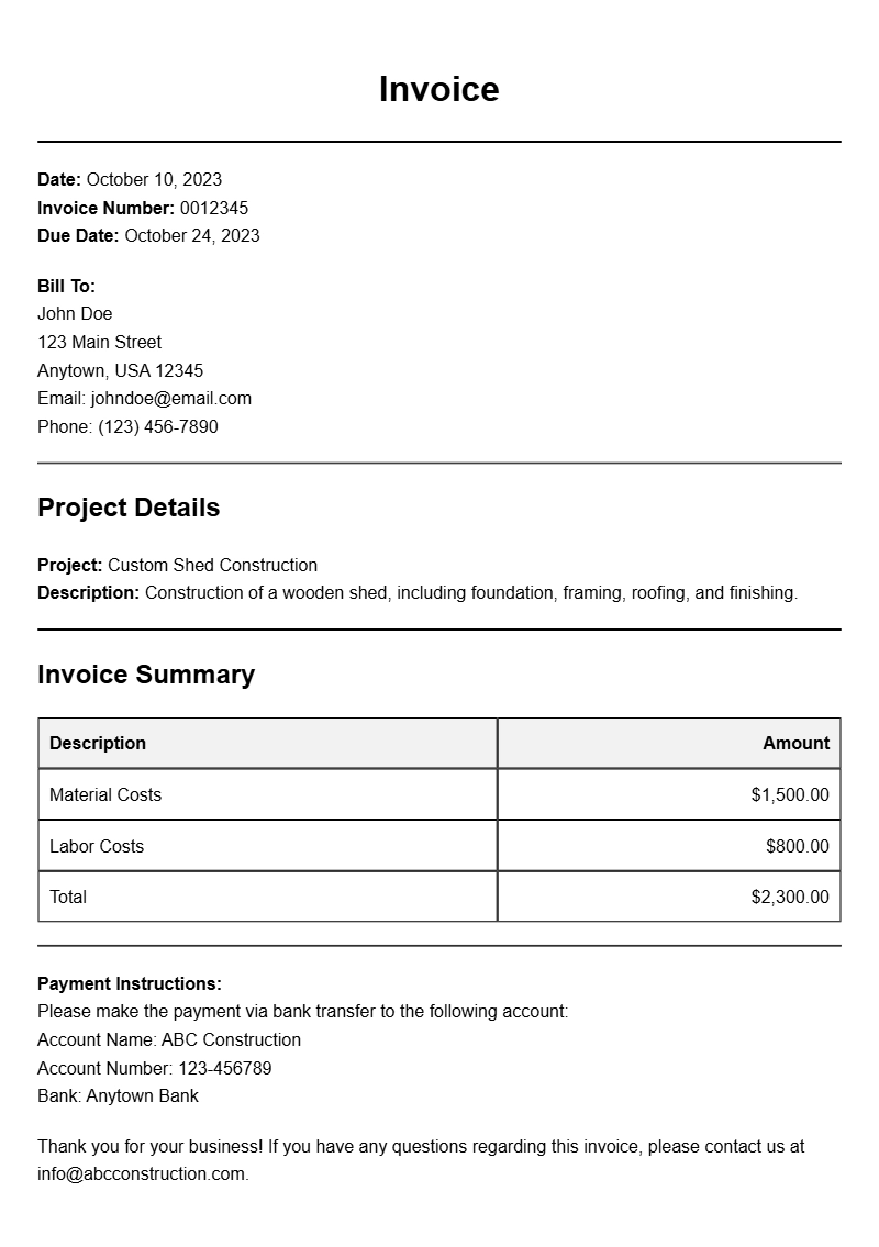 Shed Construction Invoice Samples for Your Projects