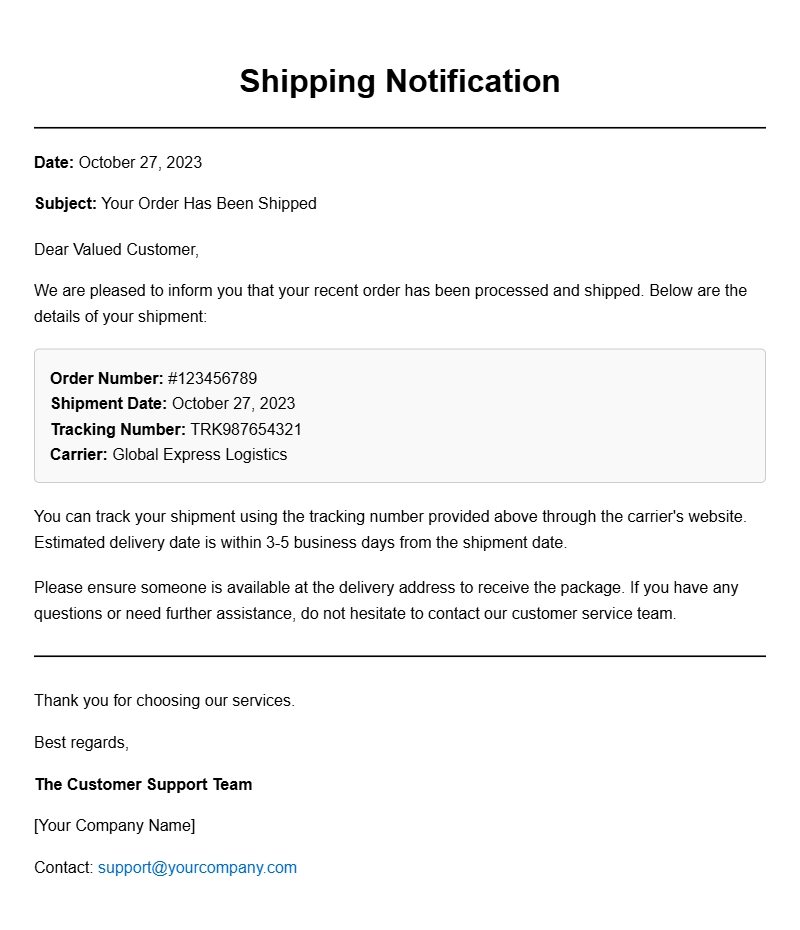 Effective Shipping Notification Letter Samples for Business Use