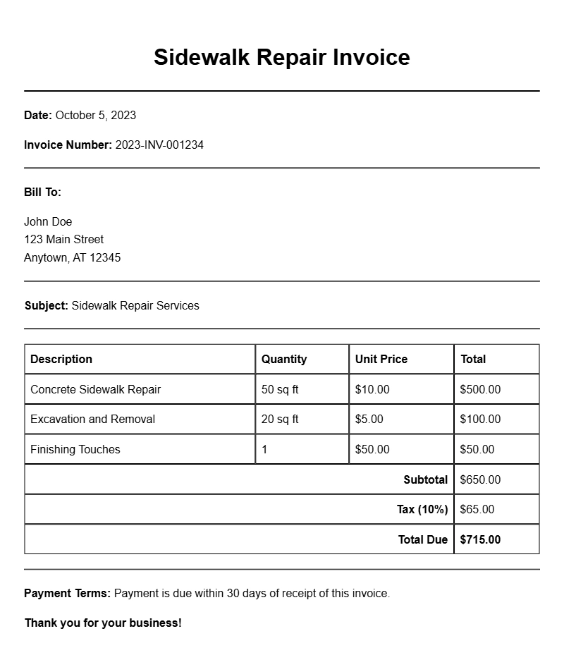 Sidewalk Repair Invoice Samples for Your Business Needs