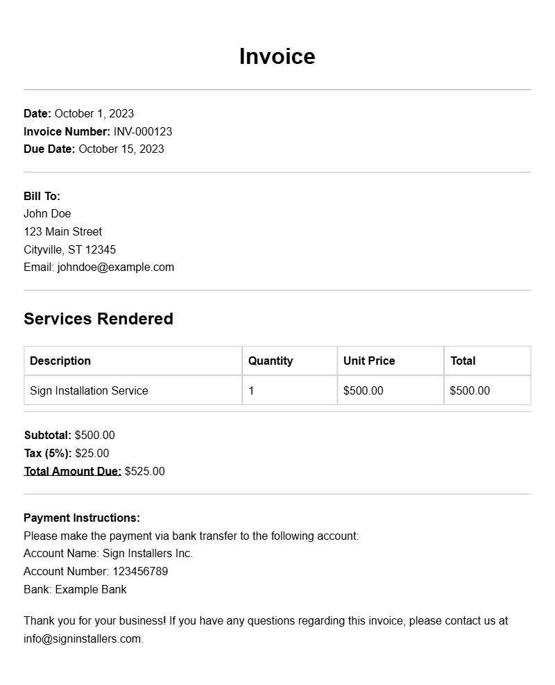 Sign Installer Invoice Samples for Easy Billing