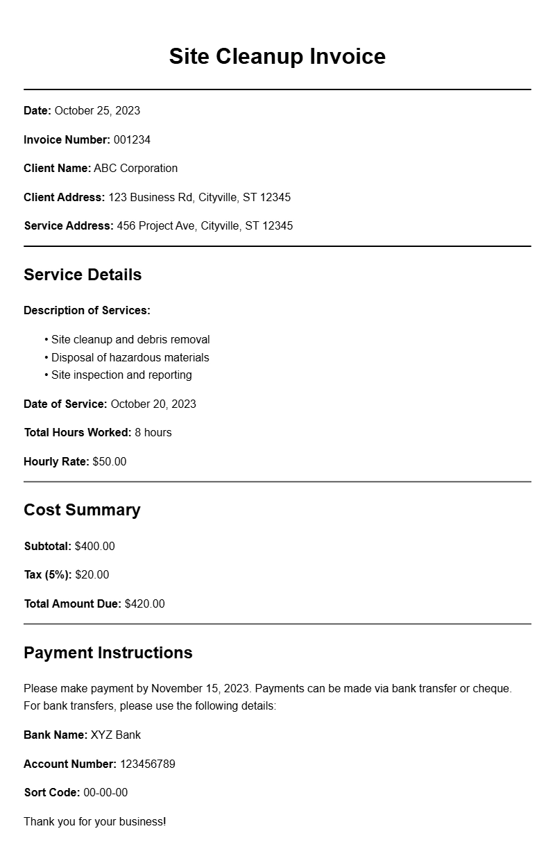 Site Cleanup Invoice Samples for Your Business Needs