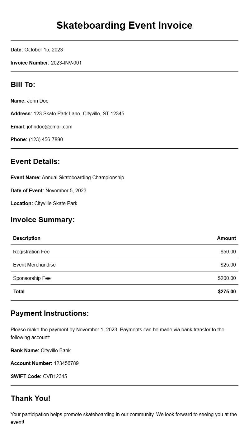 Skateboarding Event Invoice Samples for Easy Billing