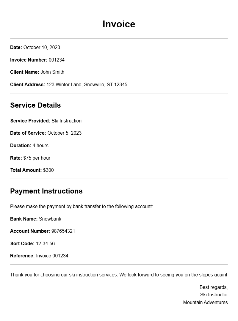 Ski Instructor Invoice Samples for Easy Billing