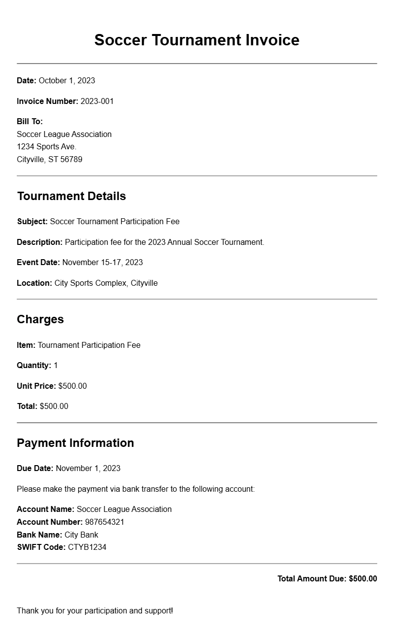Soccer Tournament Invoice Templates for Easy Billing