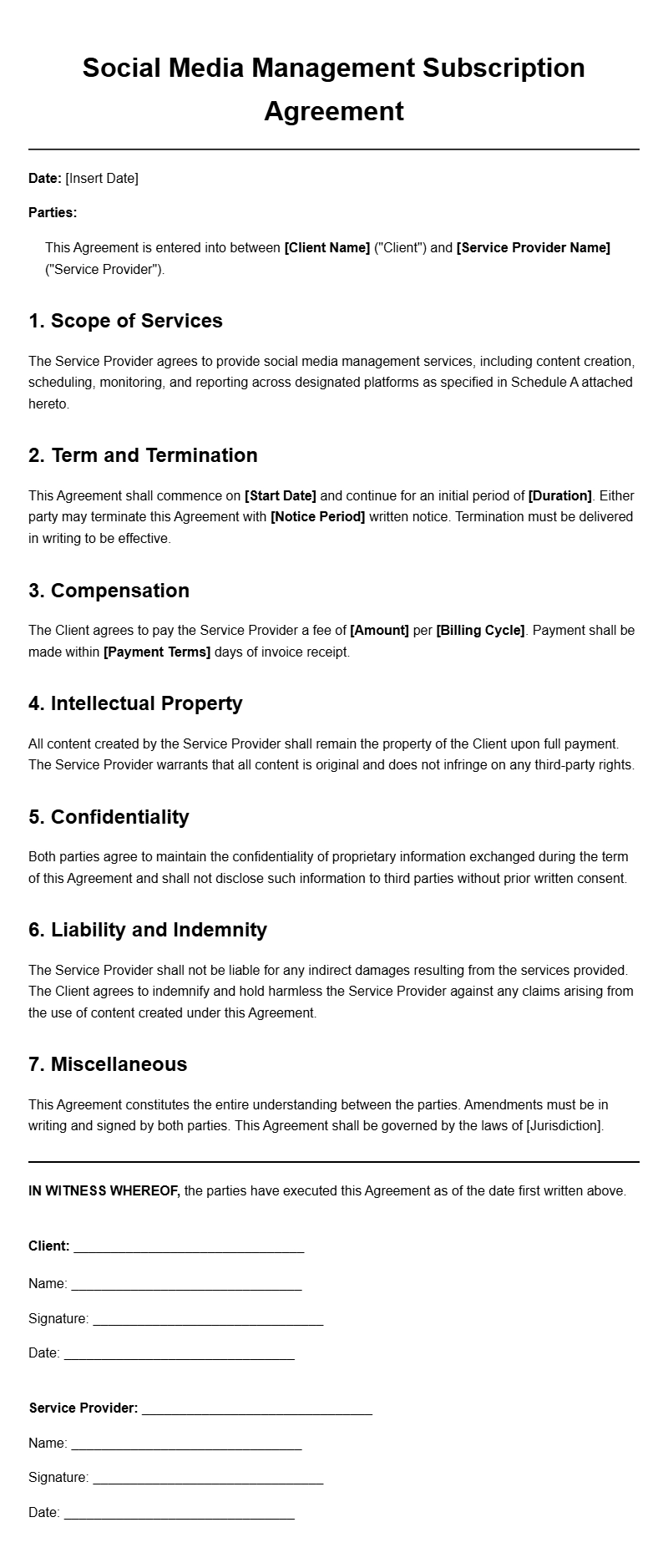 Social Media Manager Subscription Agreement Templates