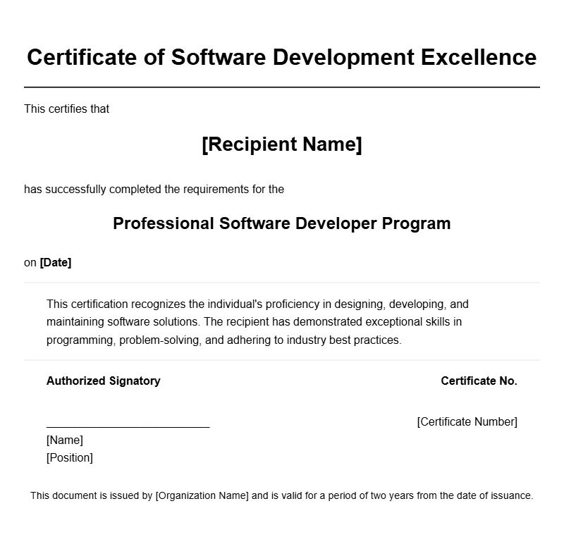 Professional Software Developer Certificate Templates for Recognition
