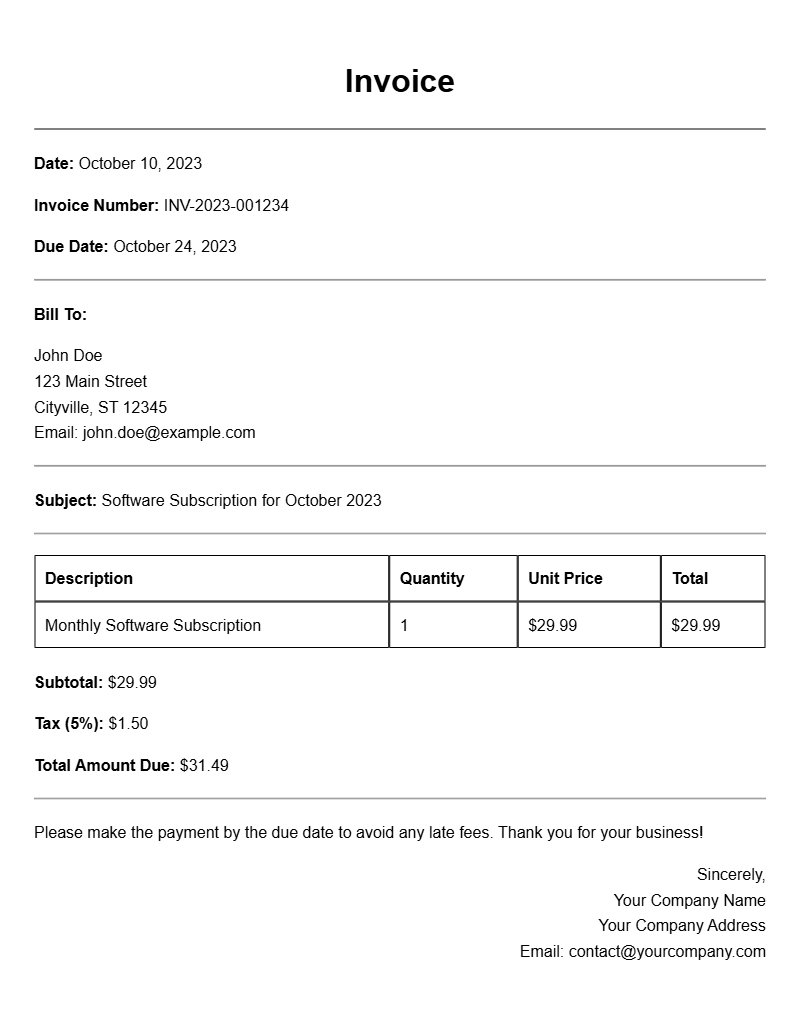 Software Subscription Invoice Samples for Easy Reference